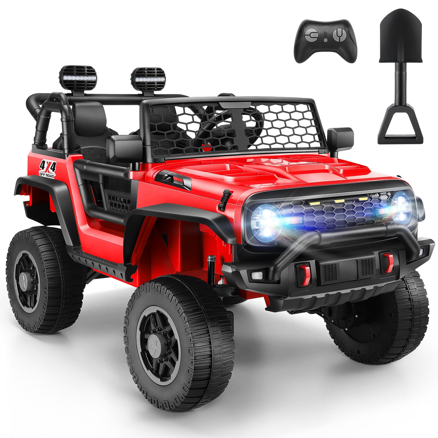 Farmdex 24V Ride on Toys with Remote Control, 2 Seater Ride on Car Truck for 3-8 Years Kids, 2WD/4WD Switchable, 4×100W Motor Up to 6 MPH, Colorful Light, Bluetooth, Music, Red