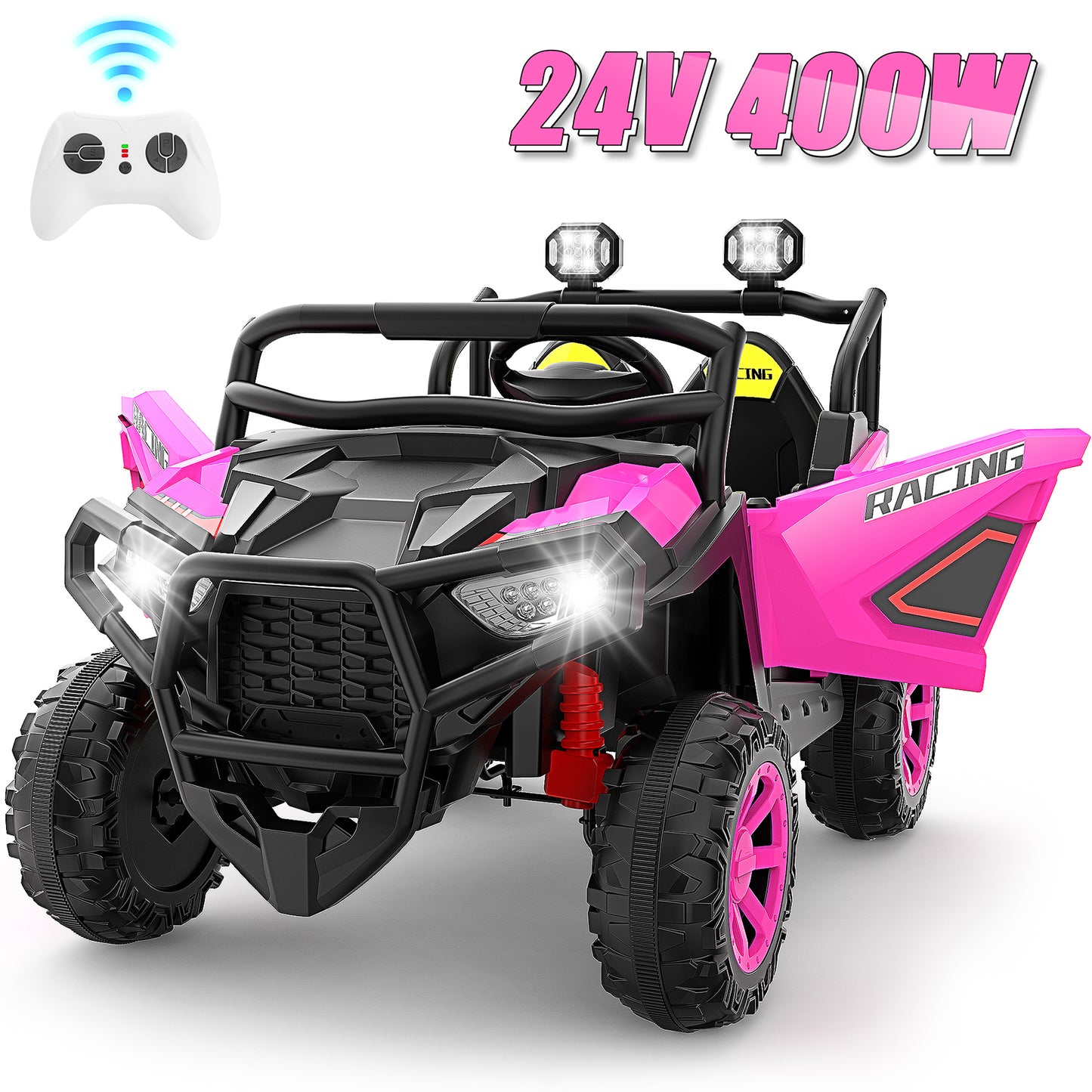 Farmdex 4WD 24 Volt Ride on Toys with Remote Control & 2 Seater, 4*200W Motor, 7AH Battery Powered Electric Ride on Truck Car w/ Bluetooth Music, Spring Suspension, 3 Speeds, LED Lights, Blue