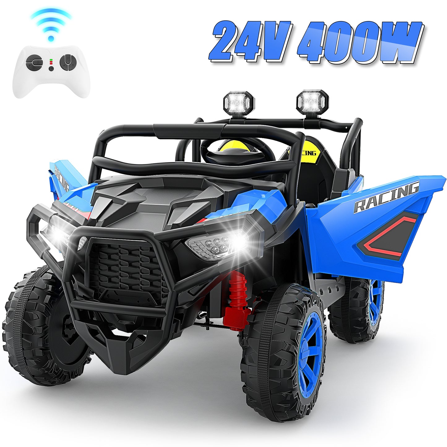 Farmdex 4WD 24 Volt Ride on Toys with Remote Control & 2 Seater, 4*200W Motor, 7AH Battery Powered Electric Ride on Truck Car w/ Bluetooth Music, Spring Suspension, 3 Speeds, LED Lights, White