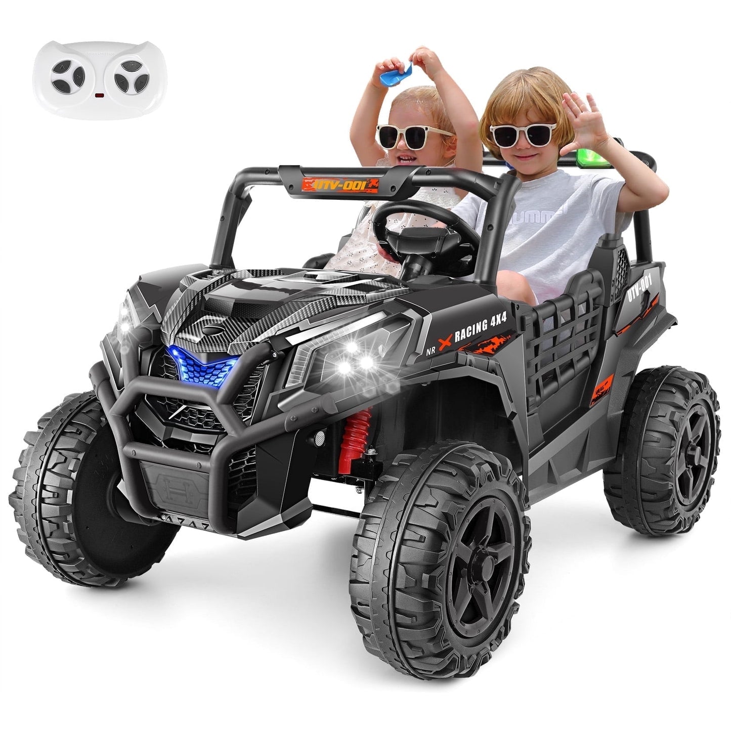 Farmdex 4WD 24V Ride on Toys 2 XL Seater Kids Ride on Cars w/ Remote Control, 4*200W Motor, Electric Off-Road UTV 7AH Battery Powered 4-Wheeler Vehicle w/ Bluetooth, Music, 3-Speed, LED Light, Black