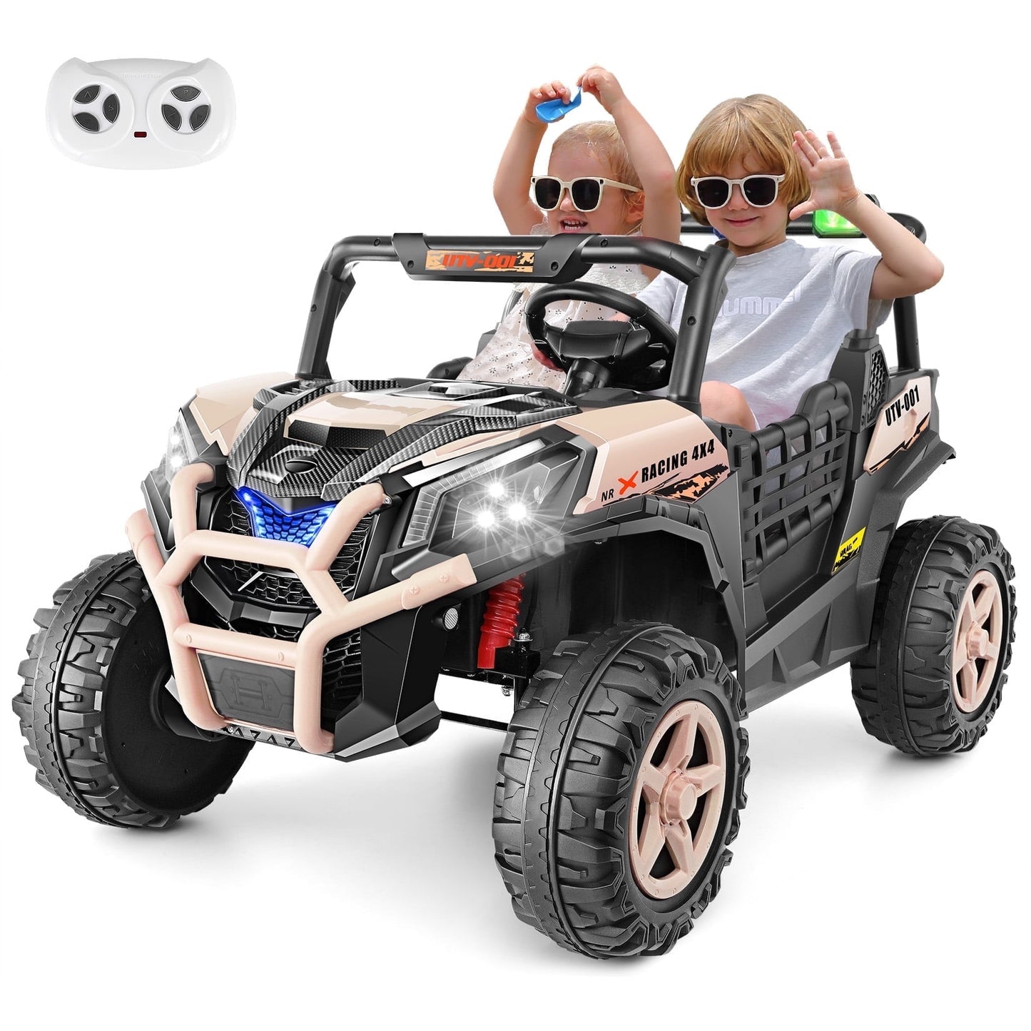 Farmdex 4WD 24V Ride on Toys 2 XL Seater Kids Ride on Cars w/ Remote Control, 4*200W Motor, Electric Off-Road UTV 7AH Battery Powered 4-Wheeler Vehicle w/ Bluetooth, Music, 3-Speed, LED Light, Yellow