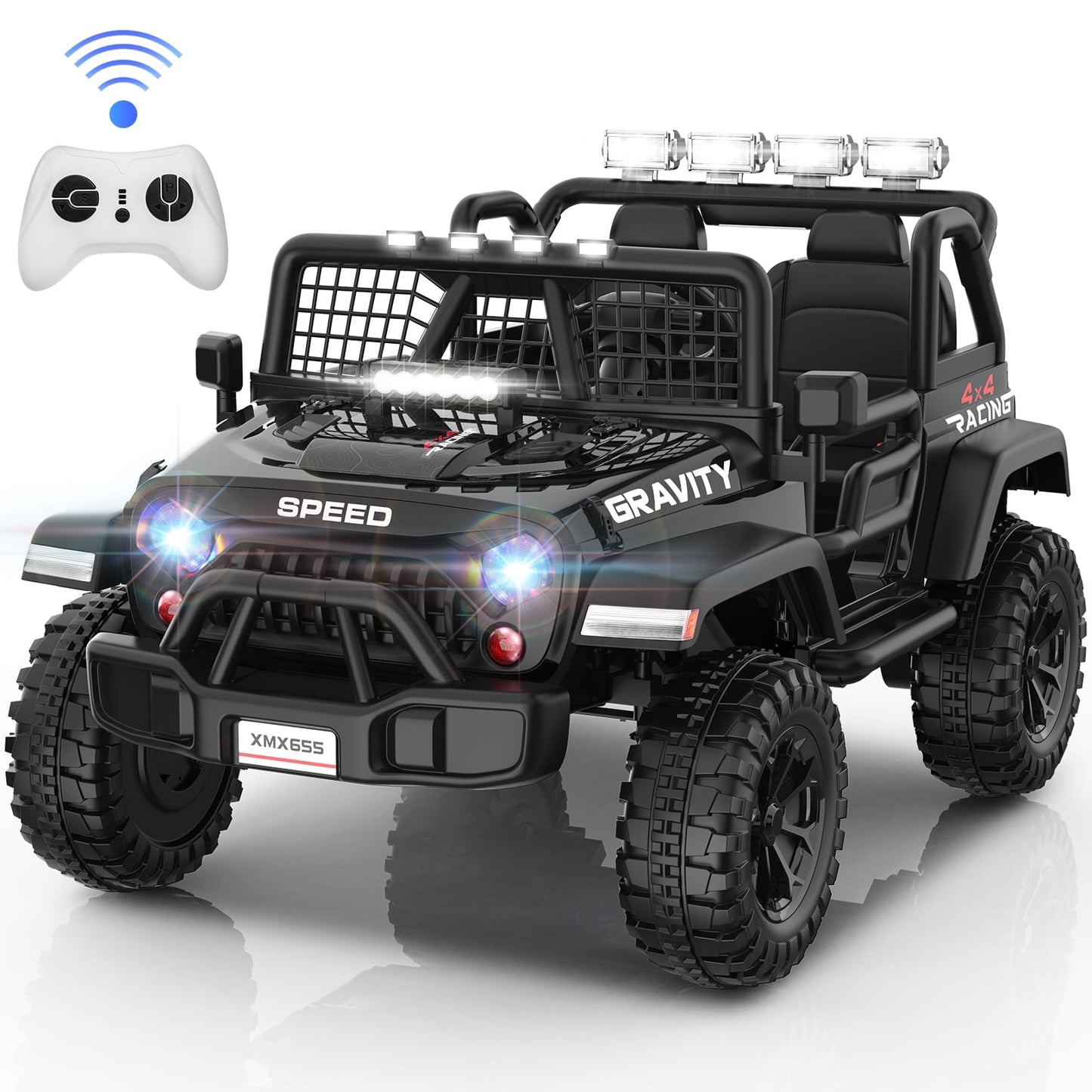 Farmdex 2 Seater 24V Ride on Toys for Big Kids, Powerful Electric Ride On Truck Car with Remote Control w/20 Inch Wide Seat, Colorful LED Lights, Rich Multimedia Music, Black