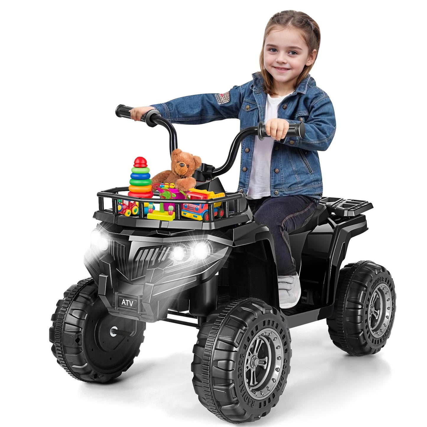 Farmdex 12v ATV Quad with Big Storage Basket, Ride on Toys for Toddlers w/ LED Lights, Electric Car for Kids w/ Horn, Spring Suspension, Buit-in Music, Black