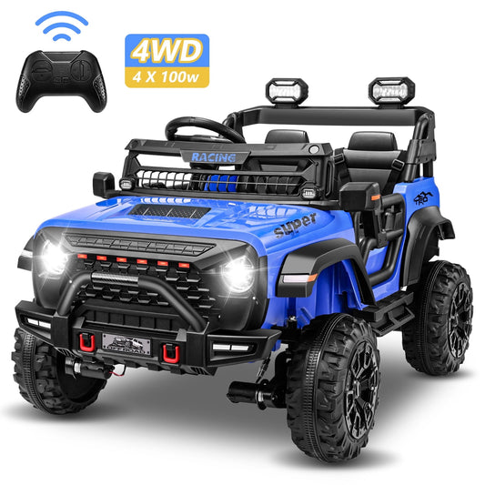 Farmdex 4WD 24V Ride on Toys with Remote Control, 2 XL Seaters, 9AH Electric Battery Powered Toys Car w/ 4 Wheels Spring Suspension, Bluetooth Music, LED Lights, 3 Speeds, Blue