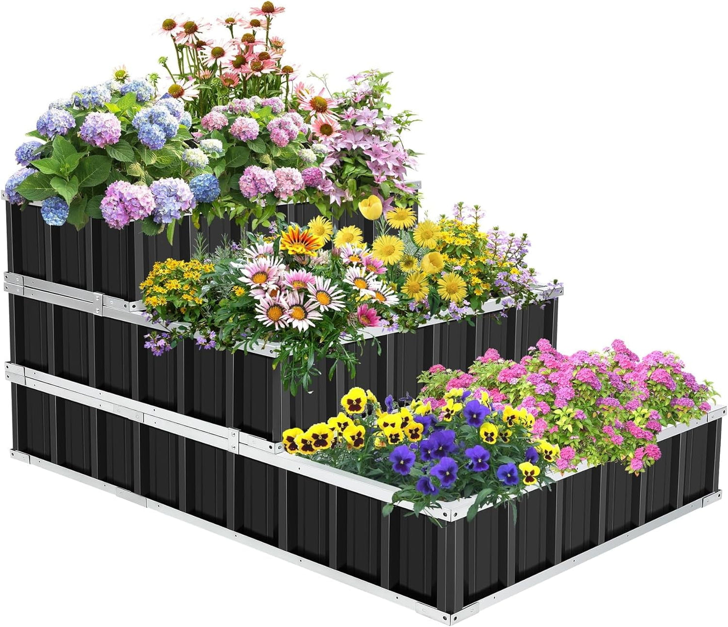 Farmdex 3 Tiers 4x3x2FT Patchwork Raised Garden Bed - Screwless Installation Metal Planter Box for Vegetables, Flowers, and Fruits Black