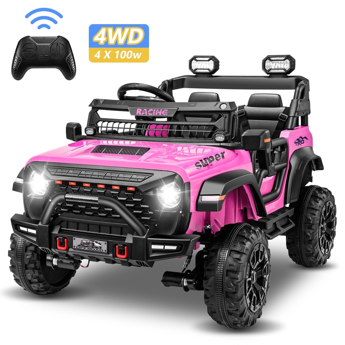 Farmdex 4WD 24V Ride on Toys with Remote Control, 2 XL Seaters, 9AH Electric Battery Powered Toys Car w/ 4 Wheels Spring Suspension, Bluetooth Music, LED Lights, 3 Speeds, Pink