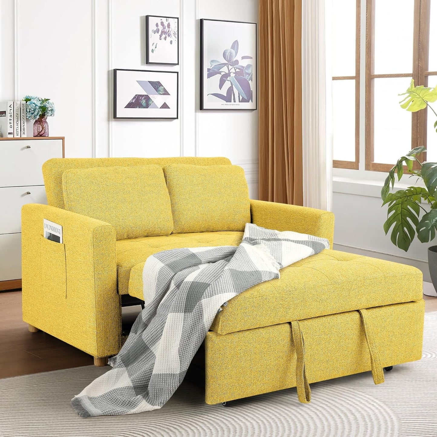 Farmdex 3-in-1 Convertible Sleeper Sofa Bed, Linen Fabric Pull Out Couch Bed, Loveseat with Spring Support, Adjustable Backrest Perfect for Dorms, Apartments, and Home Offices Yellow