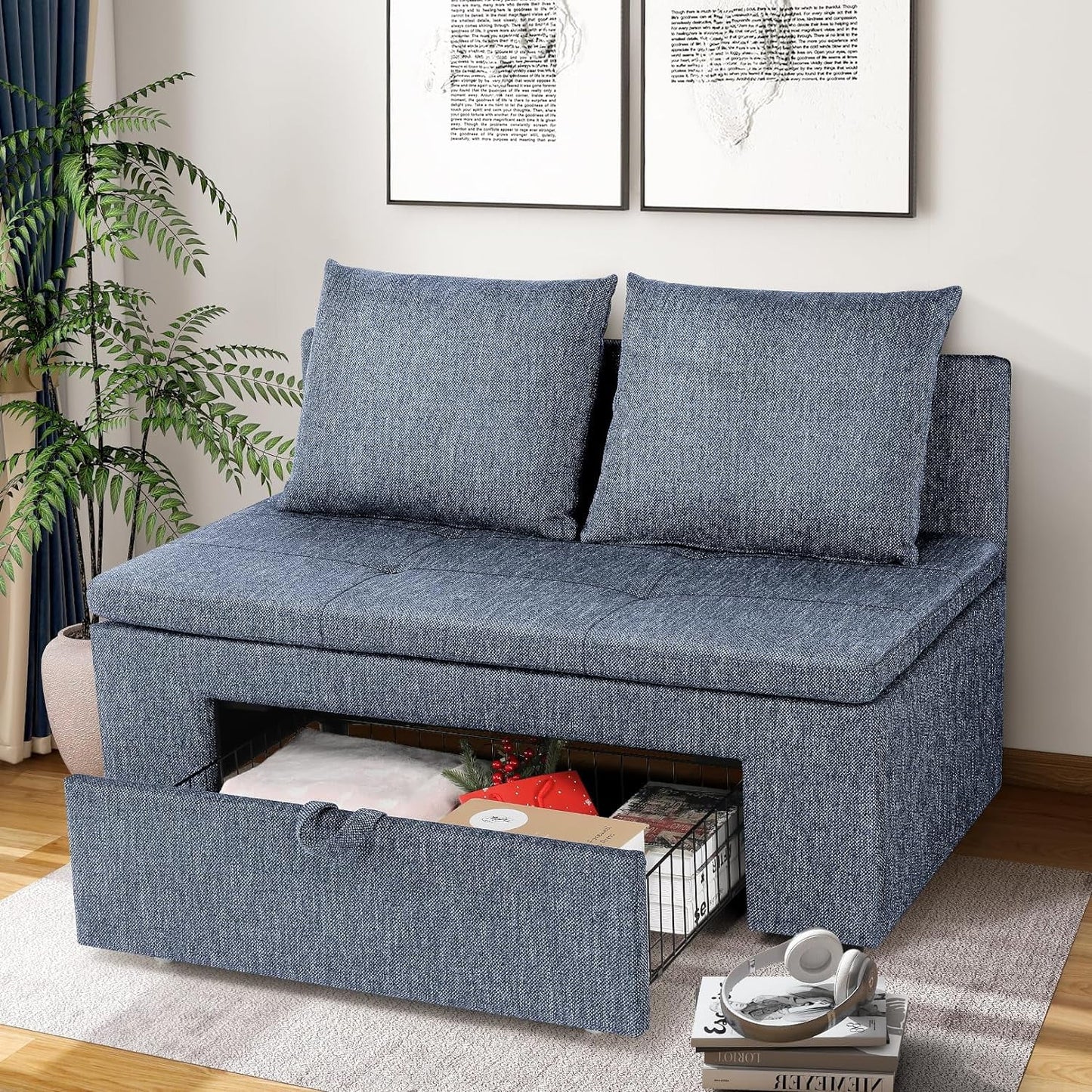 Farmdex Small Loveseat Sofa with Drawer Storage, Linen Fabric 2-Seater Couch for Living Room and Bedroom, 47.2" Compact Couch for Small Spaces, Solid Wood Frame Blue