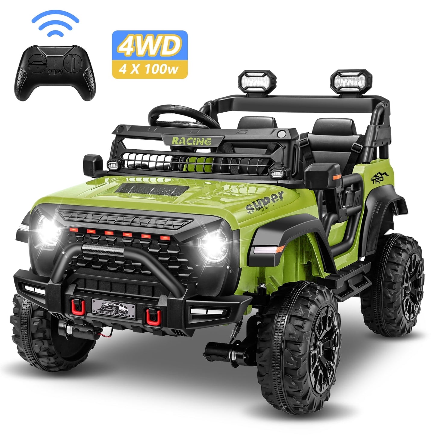 Farmdex 4WD 24V Ride on Toys with Remote Control, 2 XL Seaters, 9AH Electric Battery Powered Toys Car w/ 4 Wheels Spring Suspension, Bluetooth Music, LED Lights, 3 Speeds, Green