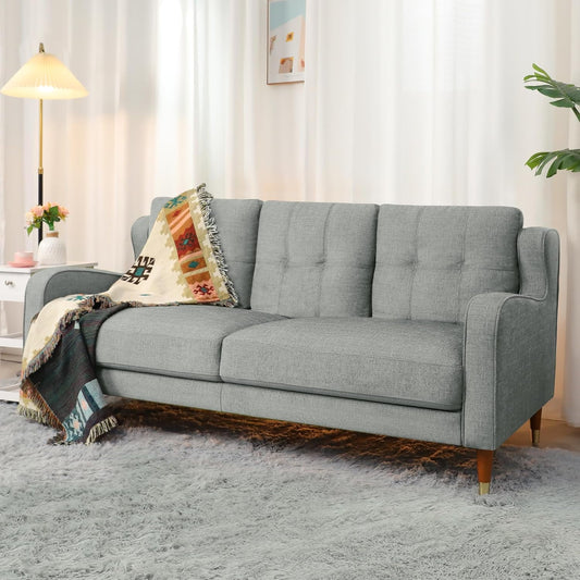 Farmdex 76-Inch Mid-Century Modern 3-Seater Sofa Couch with Spring Support, Linen Fabric, Solid Wood Legs, Ideal for Living Room, Dorm, and Bedroom Grey