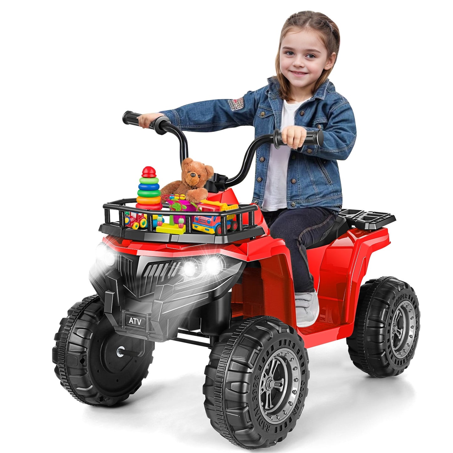 Farmdex 12v ATV Quad with Big Storage Basket, Ride on Toys for Toddlers w/ LED Lights, Electric Car for Kids w/ Horn, Spring Suspension, Buit-in Music, Red