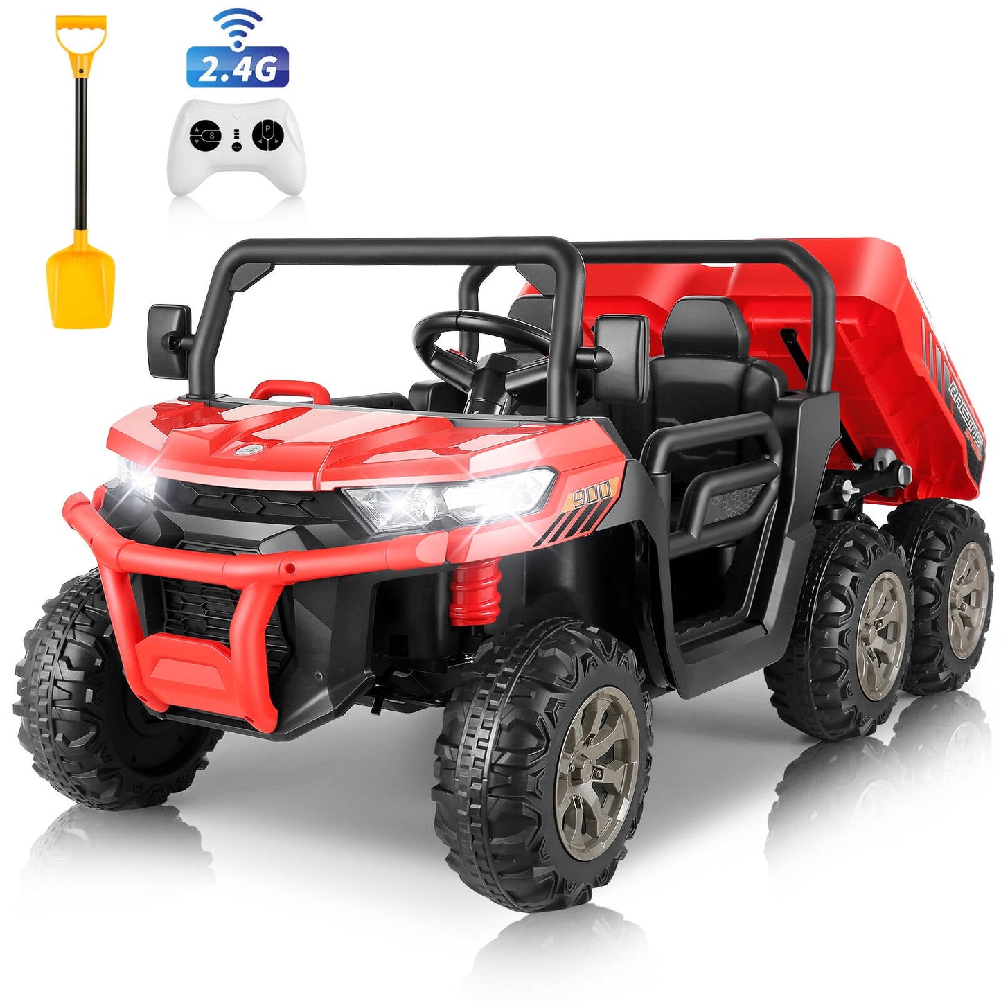 Farmdex 24 Volt Ride on Toys, 6 Wheels 2 Seater Electric Ride on UTV Cars for Big Kids, Ride on Dump Truck w/ Trailer & Shovel, 4×4 Motors, Battery Display, Bluetooth, USB, Remote Control, Red