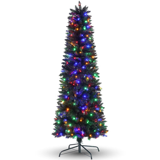 Farmdex 6ft Black Christmas Pencil Tree, Pre-lit Artificial Slim Tree w/ 250 Lights & 900 Branch Tips, Hinged Halloween PVC Tree for Holiday Festival Use, Metal Base Included