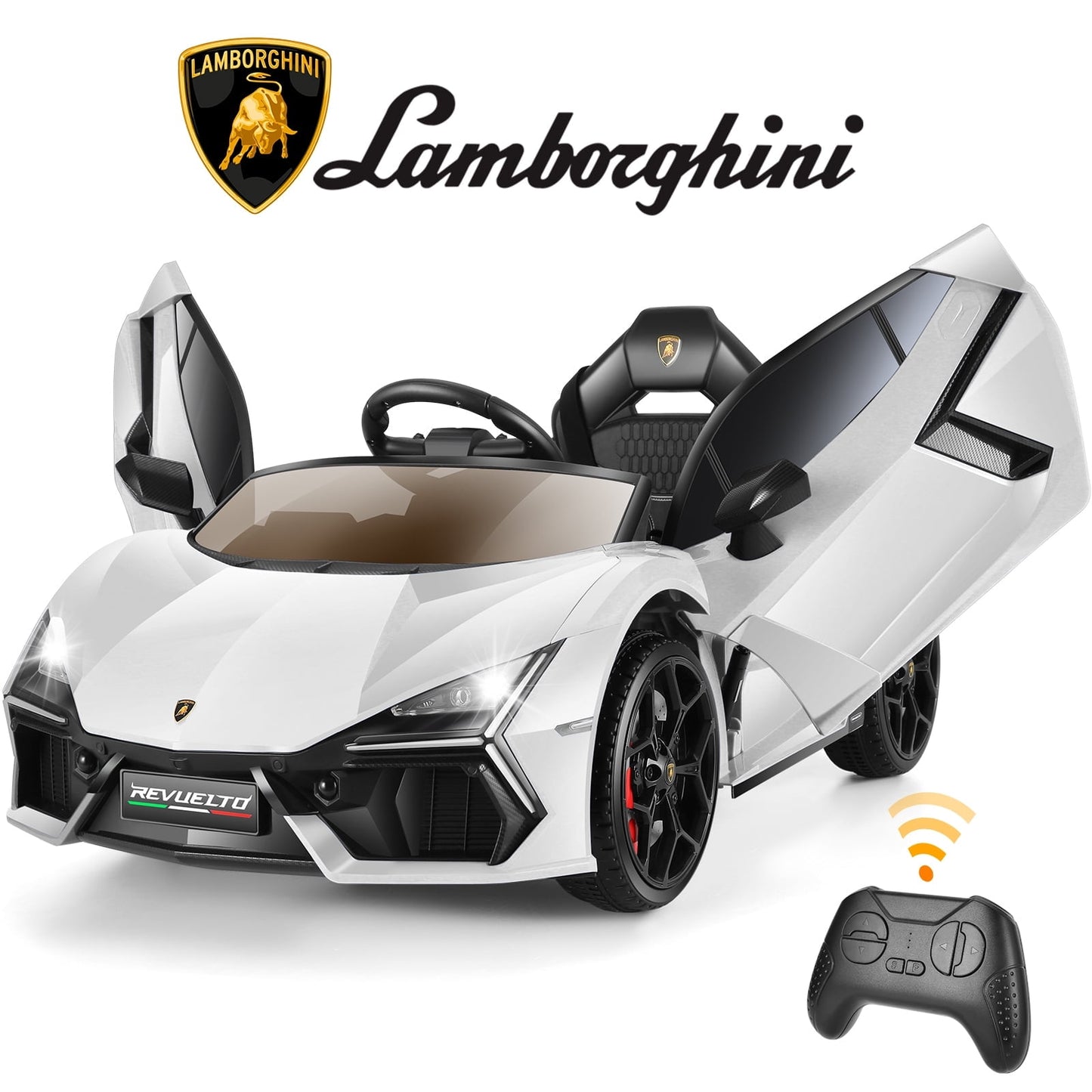 Farmdex 12v Licenced Lamborghini Ride on Car Toys with Remote Control, Electric Cars for Kids w/ 3 Speed, Swing-Up Scissor Door, LED Lights, Suspension, Bluetooth, Music, MP3, White