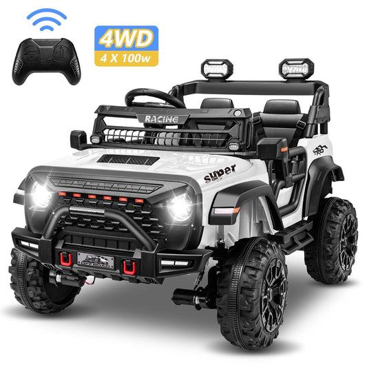 Farmdex 4WD 24V Ride on Toys with Remote Control, 2 XL Seaters, 9AH Electric Battery Powered Toys Car w/ 4 Wheels Spring Suspension, Bluetooth Music, LED Lights, 3 Speeds, White