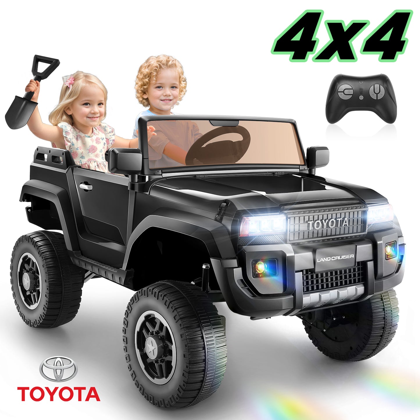 Farmdex Licensed Toyota 24 Volt Battery Powered Ride on Toys with 4WD/2WD Switchable, 2 Seater Electric Ride on Truck Cars w/ Remote Control, 4x100W Engine, Suspension, LED Lights, Bluetooth, Black