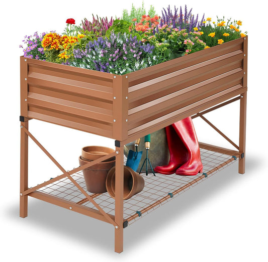 Farmdex Raised Garden Bed with Legs, Planter Box with Storage Shelf and Protective Liner, Outdoor Metal Elevated Garden Bed for Vegetables Flowers Backyard Garden- Brown