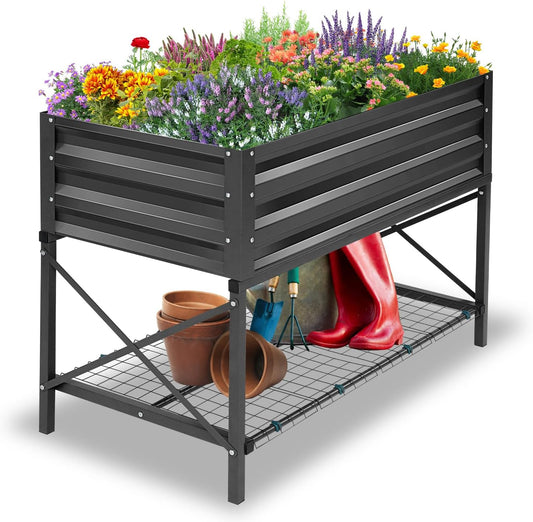 Farmdex Raised Garden Bed with Legs, Planter Box with Storage Shelf and Protective Liner, Outdoor Metal Elevated Garden Bed for Vegetables Flowers Backyard Garden- Black