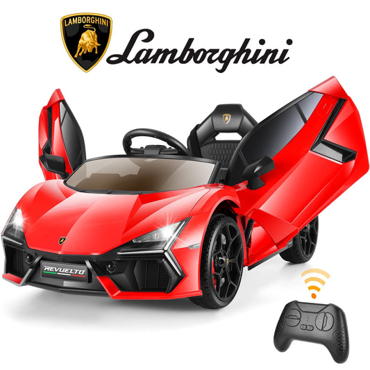 Farmdex 12v Licenced Lamborghini Ride on Car Toys with Remote Control, Electric Cars for Kids w/ 3 Speed, Swing-Up Scissor Door, LED Lights, Suspension, Bluetooth, Music, MP3, Red