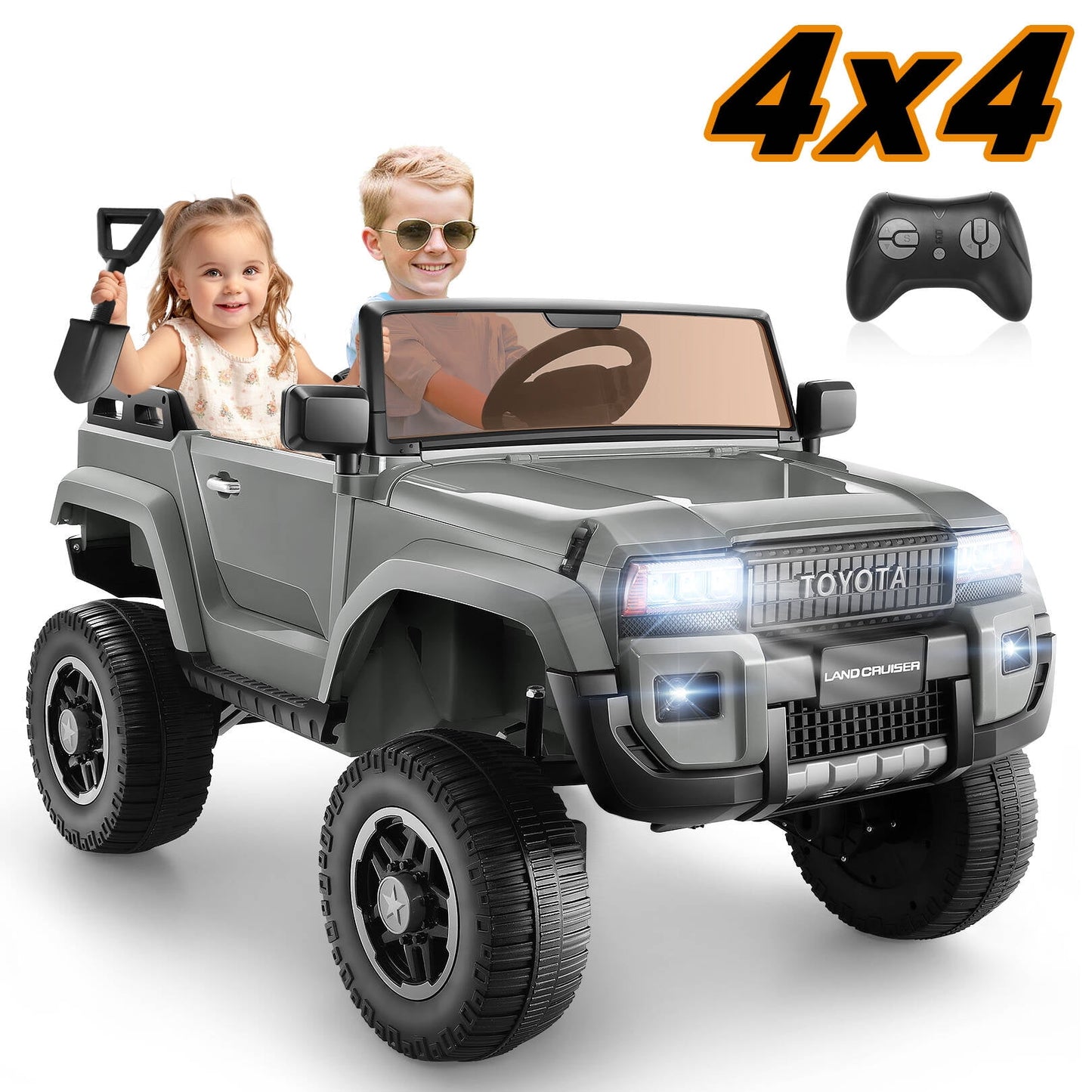 Farmdex Licensed Toyota LC250, 24V Ride on Cars Two-seater with Remote Control, Kids Electric Ride on Truck Car, Ride on Toys w/ 4*100W Motors, 3 Speeds, LED Lights, Bluetooth, Gray