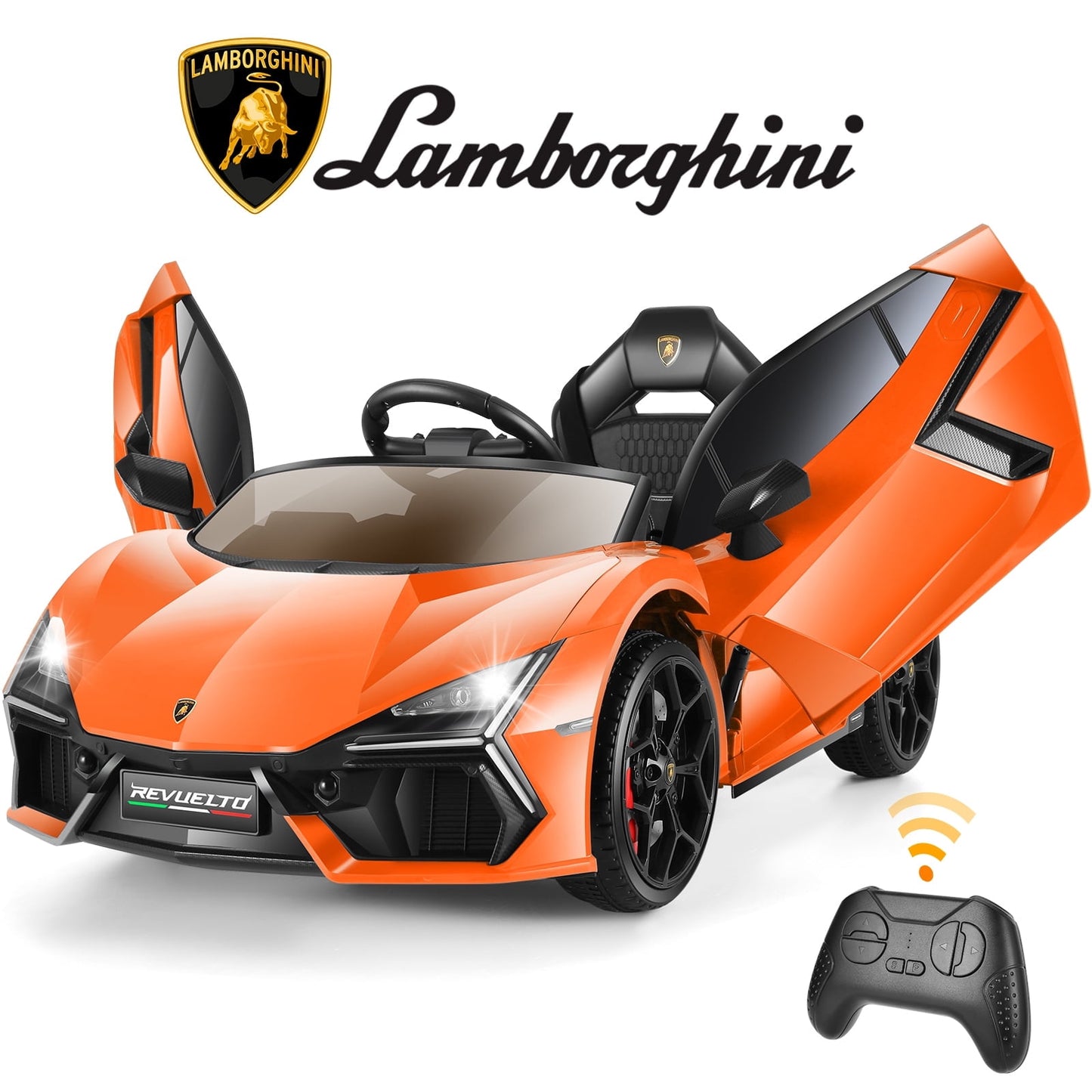 Farmdex 12v Licenced Lamborghini Ride on Car Toys with Remote Control, Electric Cars for Kids w/ 3 Speed, Swing-Up Scissor Door, LED Lights, Suspension, Bluetooth, Music, MP3, Orange