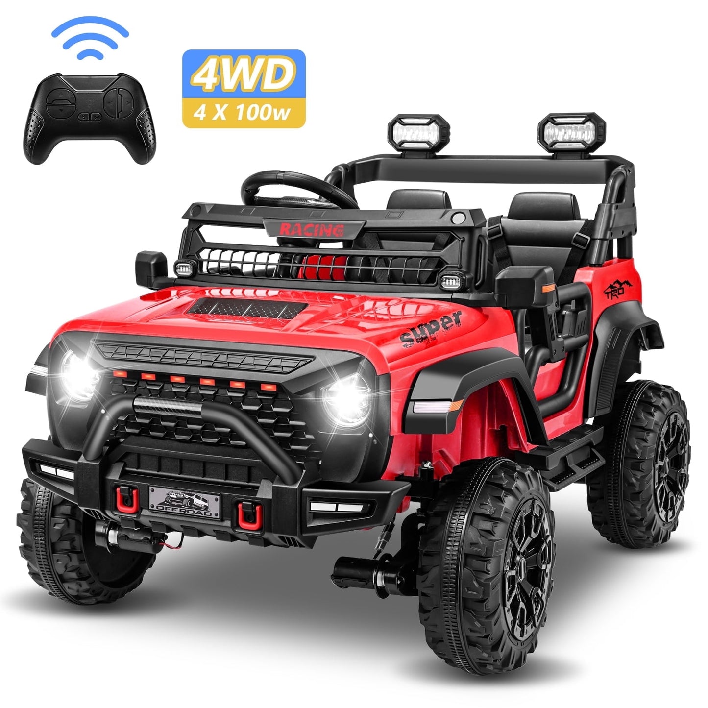 Farmdex 4WD 24V Ride on Toys with Remote Control, 2 XL Seaters, 9AH Electric Battery Powered Toys Car w/ 4 Wheels Spring Suspension, Bluetooth Music, LED Lights, 3 Speeds, Red