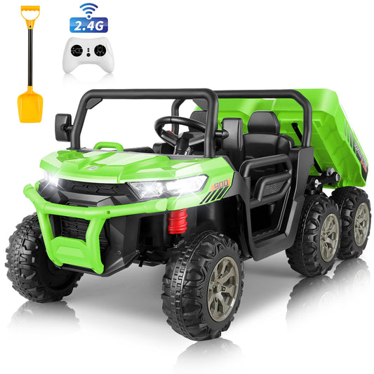 Farmdex 24 Volt Ride on Toys, 6 Wheels 2 Seater Electric Ride on UTV Cars for Big Kids, Ride on Dump Truck w/ Trailer & Shovel, 4×4 Motors, Battery Display, Bluetooth, USB, Remote Control, Green