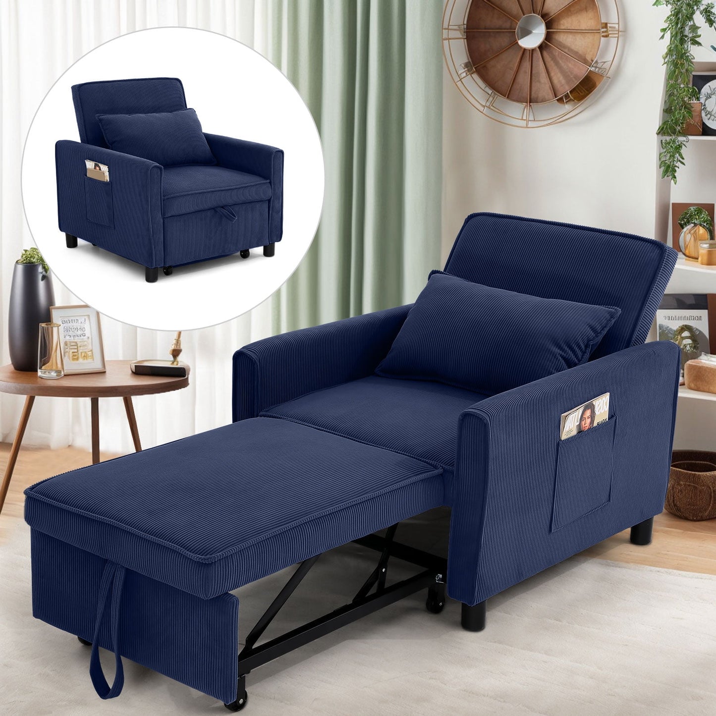 Farmdex 3-in-1 Sleeper Chair Bed, Corduroy Convertible Sofa Bed for Small Space, Adjustable Pull Out Sofa Chair Bed W/ Support Pillow for Living Room, Bedroom, Office, Apartment Furniture, Dark Blue