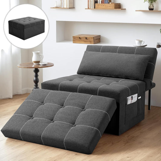 Farmdex 4-in-1 Luxurious Convertible Sofa Chair Bed, Multi-Function Folding Ottoman Chair, Adjustable Backrest, Modern Sleeper Bed for Living Room, Apartment, Office, Black
