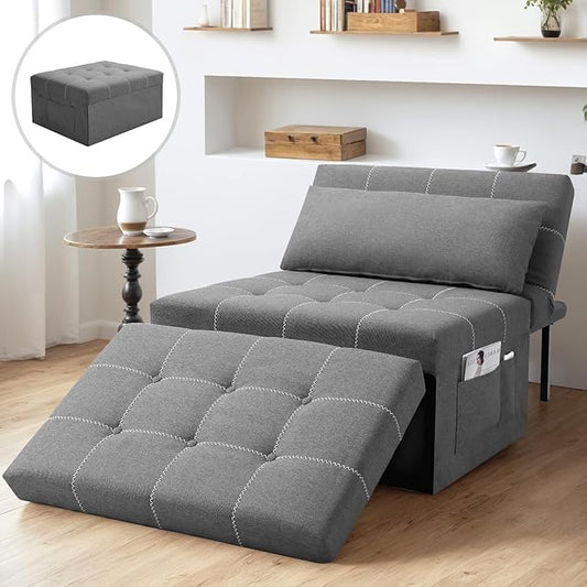 Farmdex 4-in-1 Luxurious Convertible Sofa Chair Bed, Multi-Function Folding Ottoman Chair, Adjustable Backrest, Modern Sleeper Bed for Living Room, Apartment, Office, Dark Gray