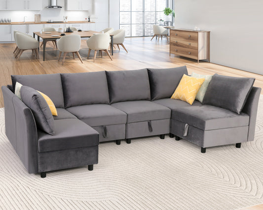 Farmdex Modular Sectional Sofa Couch, U-Shaped Modular Sofa with Storage Under Movable Seat, Velvet Sectional Sleeper Sofa Bed for Living Room Home Furniture Set, Gray