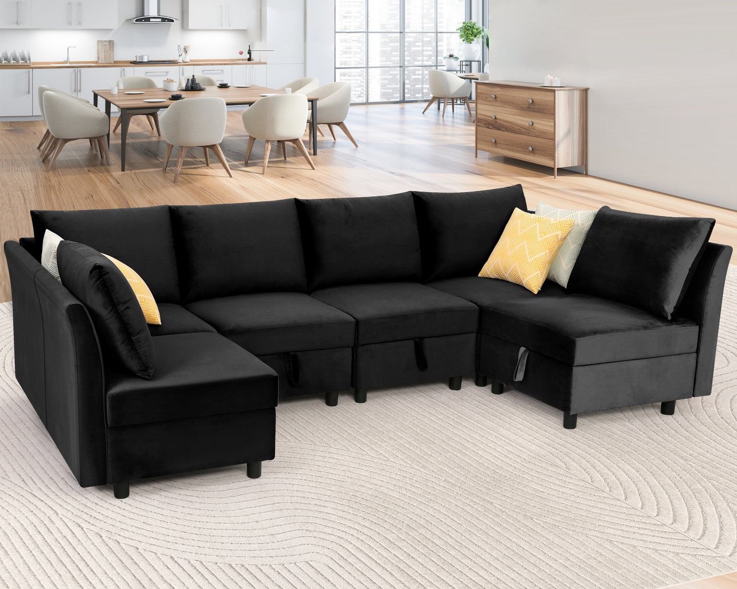 Farmdex Modular Sectional Sofa Couch, U-Shaped Modular Sofa with Storage Under Movable Seat, Velvet Sectional Sleeper Sofa Bed for Living Room Home Furniture Set, Black