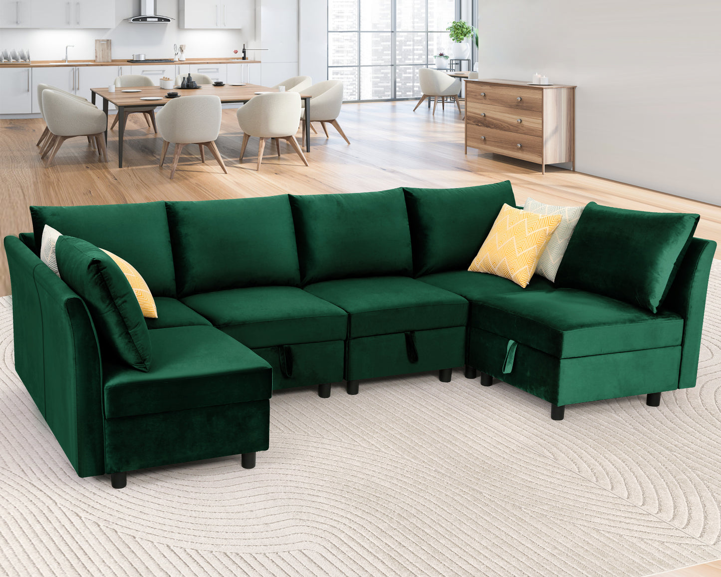 Farmdex Modular Sectional Sofa Couch, U-Shaped Modular Sofa with Storage Under Movable Seat, Velvet Sectional Sleeper Sofa Bed for Living Room Home Furniture Set, Green