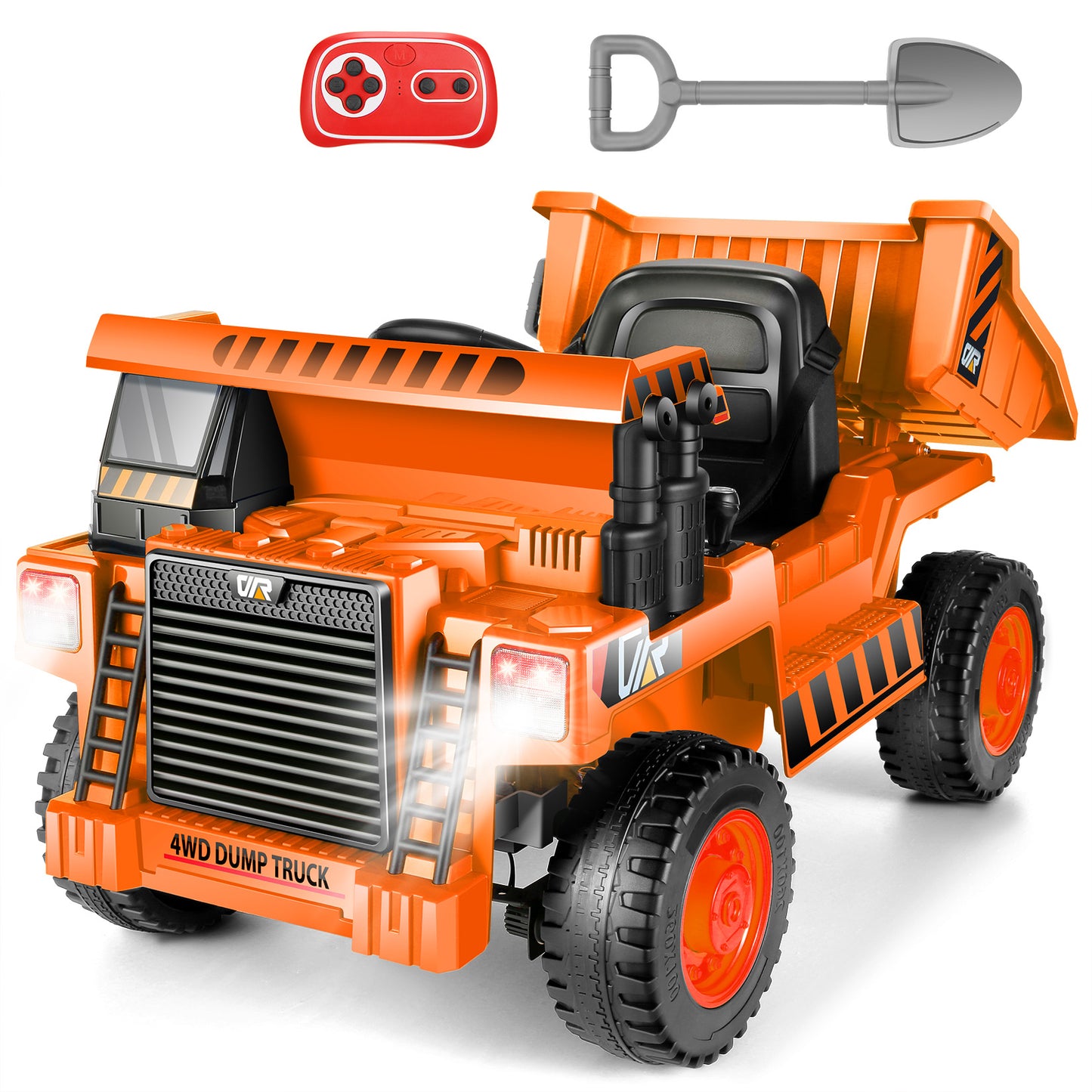 Farmdex Ride on Dump Truck, 12 Volt Ride on Toys with Dump Bed, 4WD Electric Car for Kids w/ Remote Control, Bluetooth, Shoel, LED Lights, Musci Player, Orange