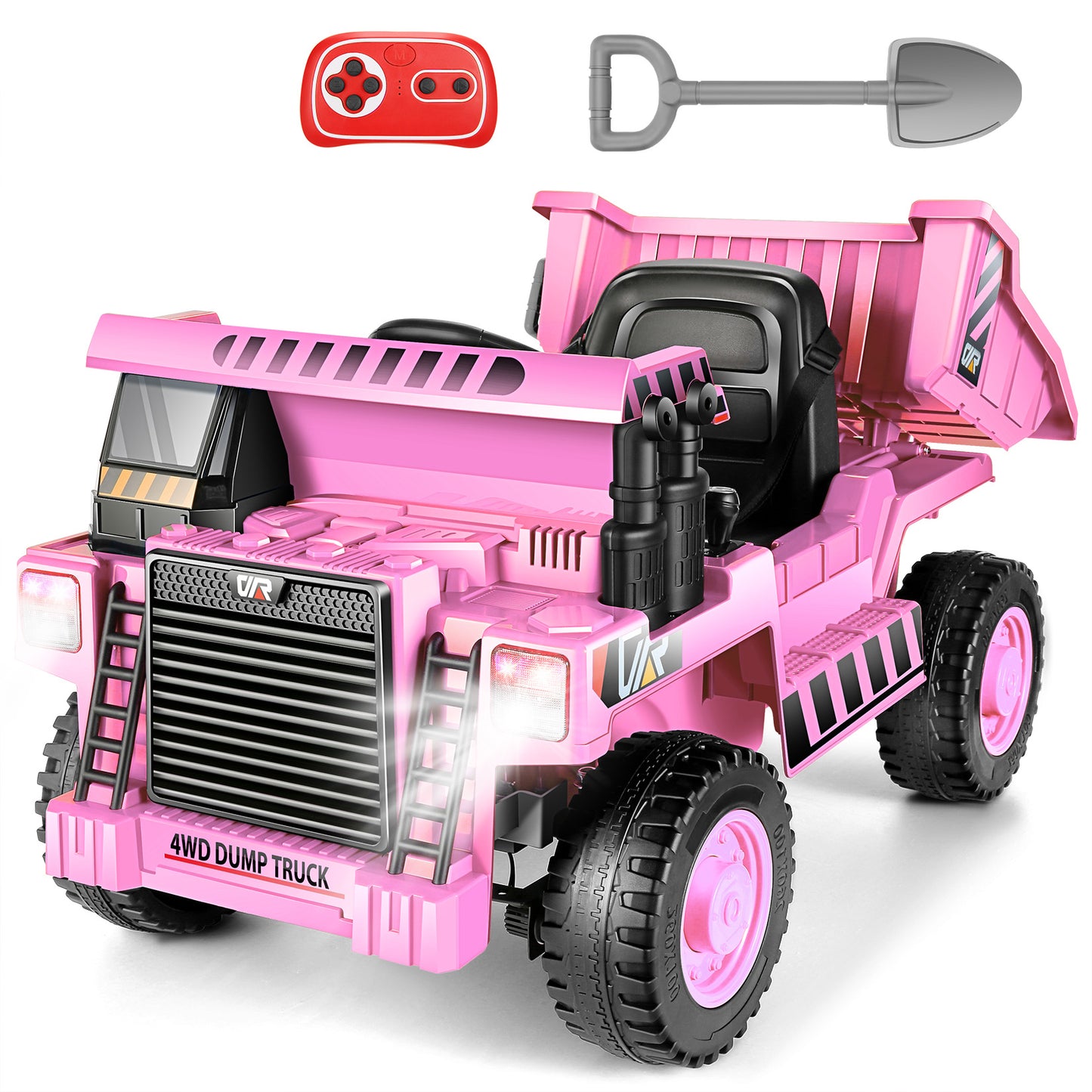 Farmdex Ride on Dump Truck, 12 Volt Ride on Toys with Dump Bed, 4WD Electric Car for Kids w/ Remote Control, Bluetooth, Shoel, LED Lights, Musci Player, Pink