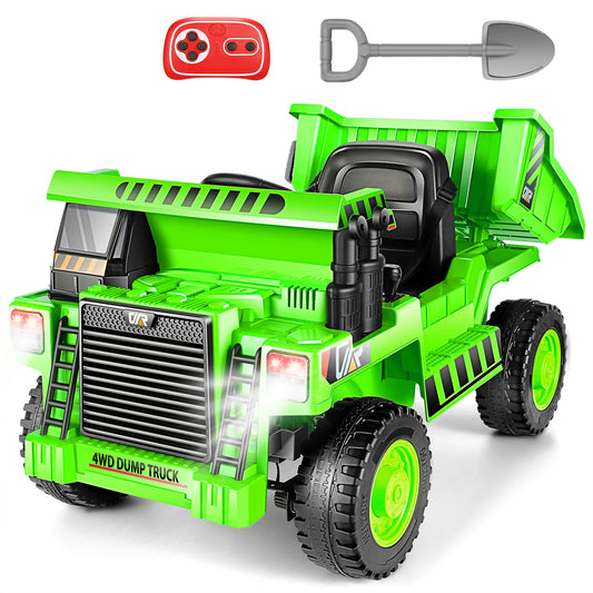 Farmdex Ride on Dump Truck, 12 Volt Ride on Toys with Dump Bed, 4WD Electric Car for Kids w/ Remote Control, Bluetooth, Shoel, LED Lights, Musci Player, Green