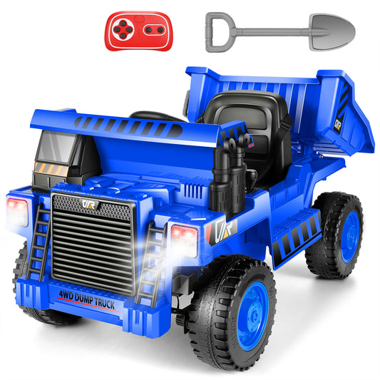 Farmdex Ride on Dump Truck, 12 Volt Ride on Toys with Dump Bed, 4WD Electric Car for Kids w/ Remote Control, Bluetooth, Shoel, LED Lights, Musci Player, Blue