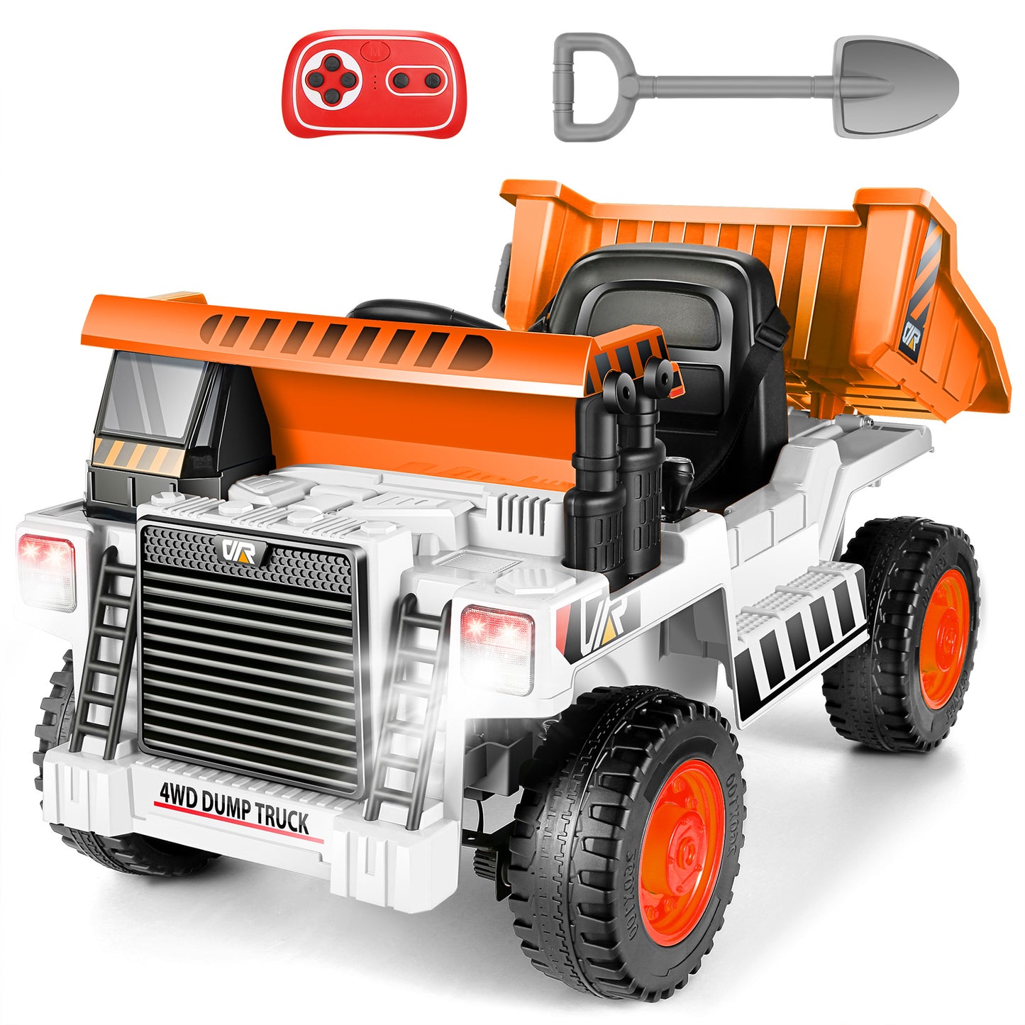 Farmdex Ride on Dump Truck, 12 Volt Ride on Toys with Dump Bed, 4WD Electric Car for Kids w/ Remote Control, Bluetooth, Shoel, LED Lights, Musci Player, White-Orange