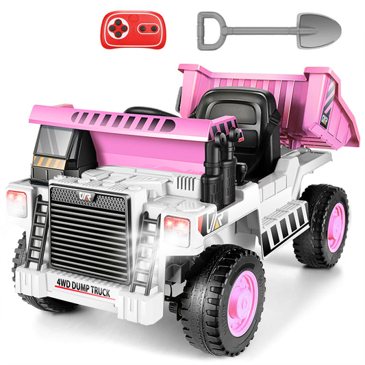 Farmdex Ride on Dump Truck, 12 Volt Ride on Toys with Dump Bed, 4WD Electric Car for Kids w/ Remote Control, Bluetooth, Shoel, LED Lights, Musci Player, White-Pink