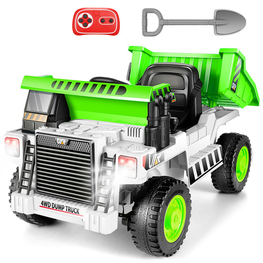 Farmdex Ride on Dump Truck, 12 Volt Ride on Toys with Dump Bed, 4WD Electric Car for Kids w/ Remote Control, Bluetooth, Shoel, LED Lights, Musci Player, White-Green