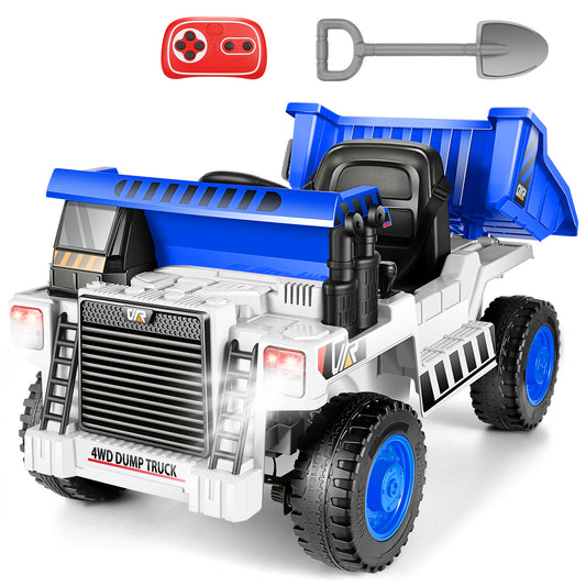 Farmdex Ride on Dump Truck, 12 Volt Ride on Toys with Dump Bed, 4WD Electric Car for Kids w/ Remote Control, Bluetooth, Shoel, LED Lights, Musci Player, White-Blue