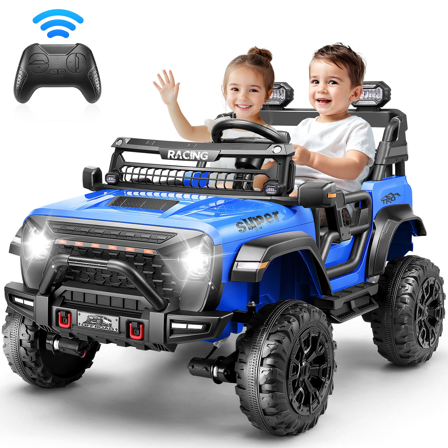 Farmdex 24V 9AH 2 Seat Ride on Toys Car for Big Kids, 2WD/4WD Swatchable Electric Battery Powered Toys Car with 4x100W Powerful Motor, Remote Control, Bluetooth Music, LED Lights, Blue