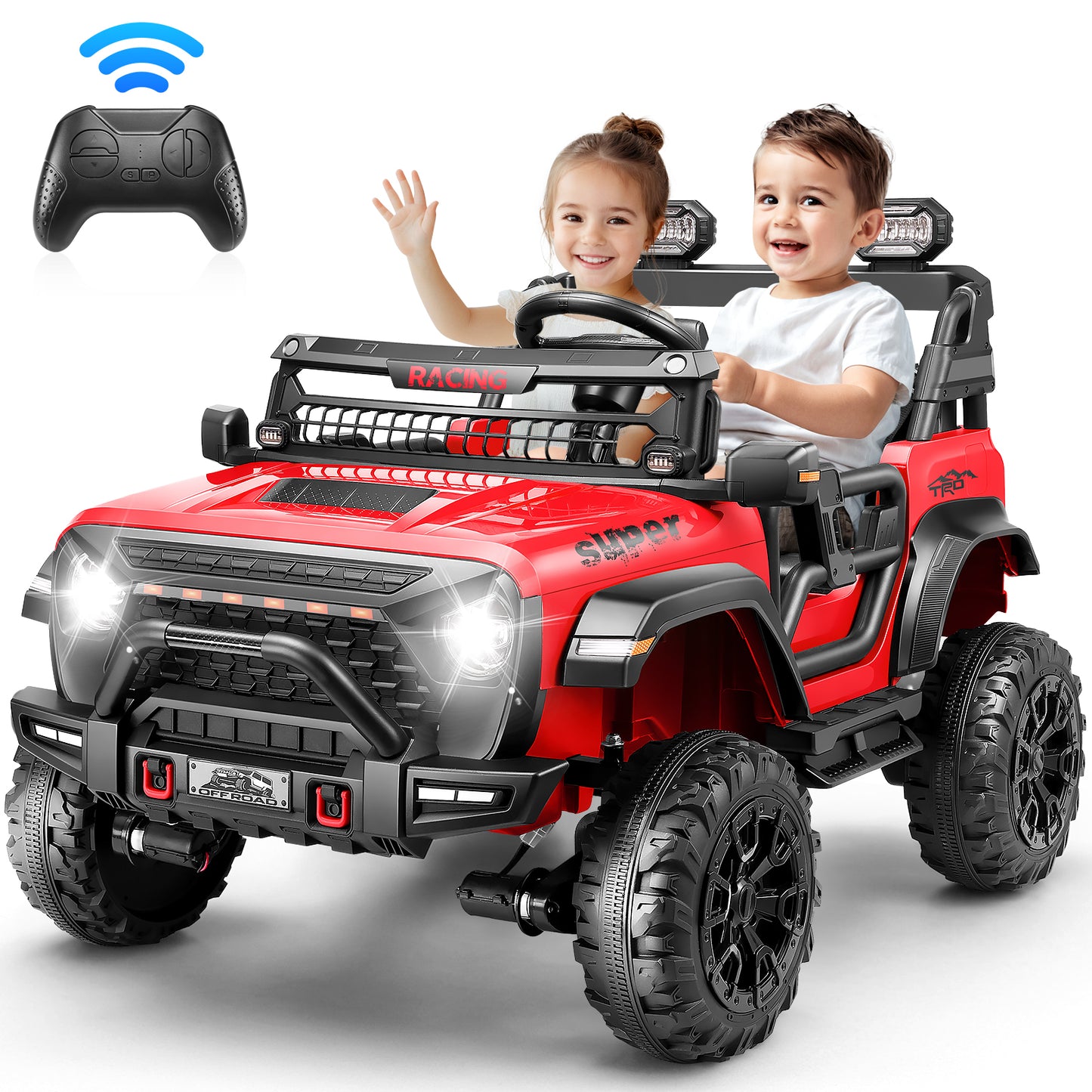 Farmdex 24V 9AH 2 Seat Ride on Toys Car for Big Kids, 2WD/4WD Swatchable Electric Battery Powered Toys Car with 4x100W Powerful Motor, Remote Control, Bluetooth Music, LED Lights, Red