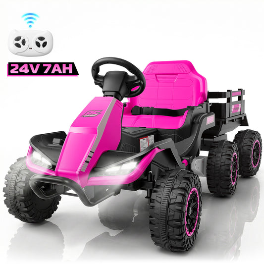 Farmdex 24V Ride on Toys with Remote & Battery Display, 7AH Big Battery Electric Go Kart, 6 Wheeler Ride on Tractor, 3-in-1 Ride on ATV w/ BLuetooth, Light Control, 5 MPH, Aged 3-8, Pink