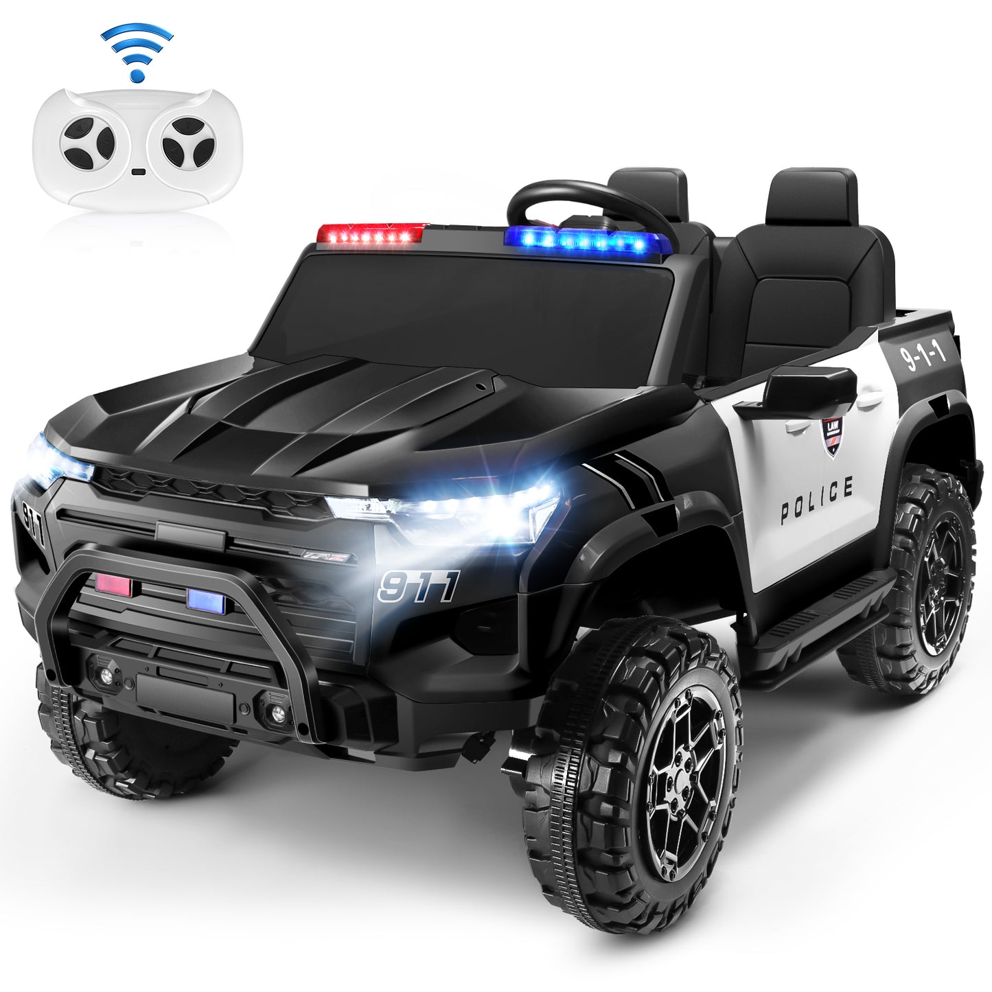 Farmdex 24V Kids Ride on Police Car with 4WD 800W Motors, 2-Seater Kids Ride on Toys w/ Remote Control, Bluetooth, LED Lights, Spring Suspension, 3 Speeds, for Kids Aged 3+, Black & White