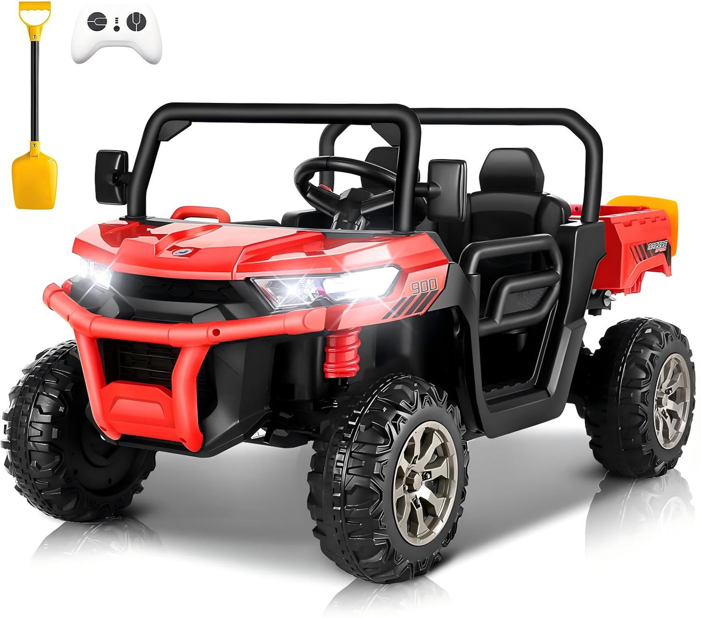 Farmdex 24 Volt Ride on Toys, Electric Battery Powered Ride on UTV, 2 Seater Ride on Dump Truck with Trailer & Shovel, Battery Display, 2x200W Motors, Remote Control, Bluetooth, USB, AUX, Red