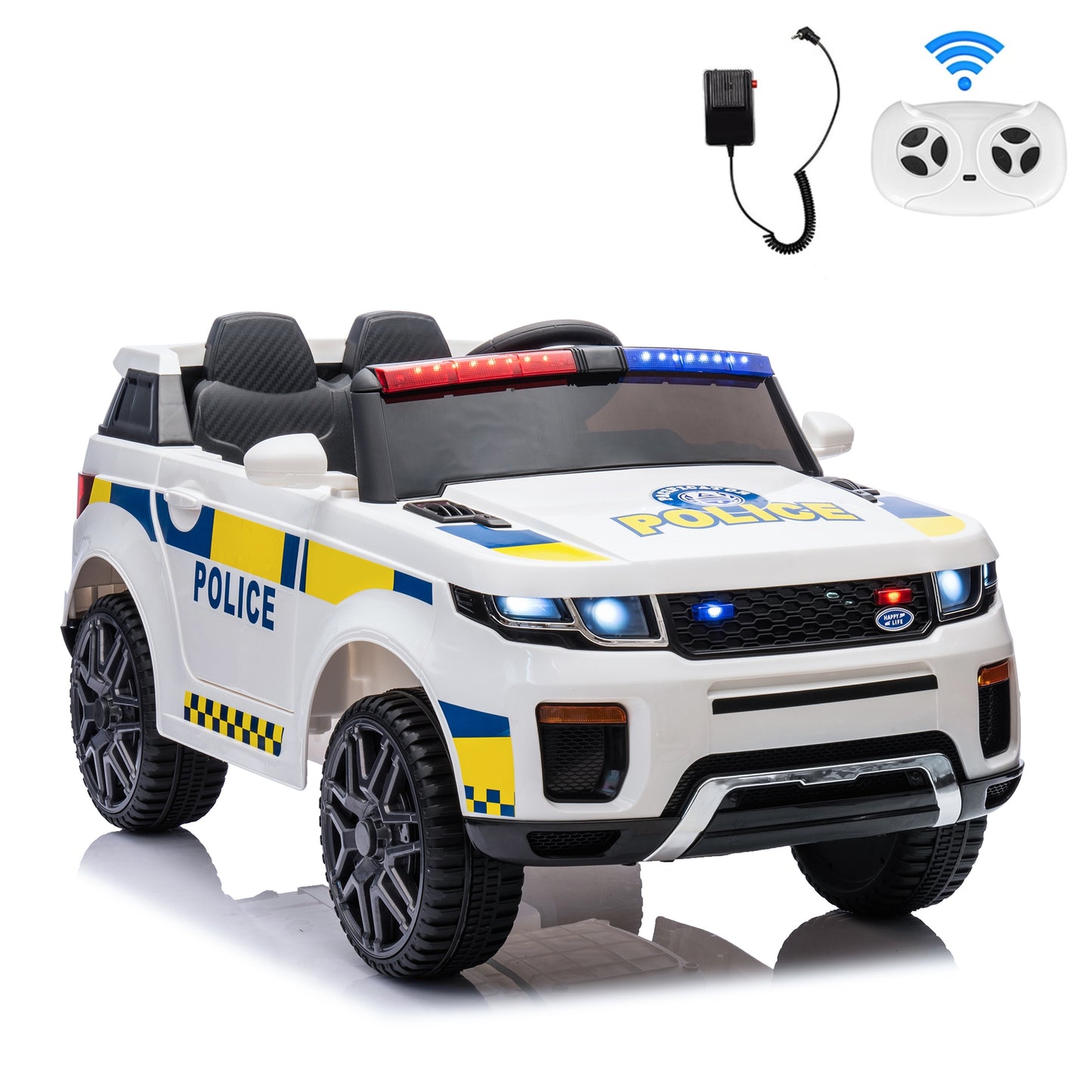 Farmdex 12v Ride on Police Car Powered 2 Wheel Drive, Electric Ride on Toy for Kids 3-8 Years with Remote Control, Megaphone, Siren, Flashing Lights, Bluetooth, Music, Spring Suspension, White