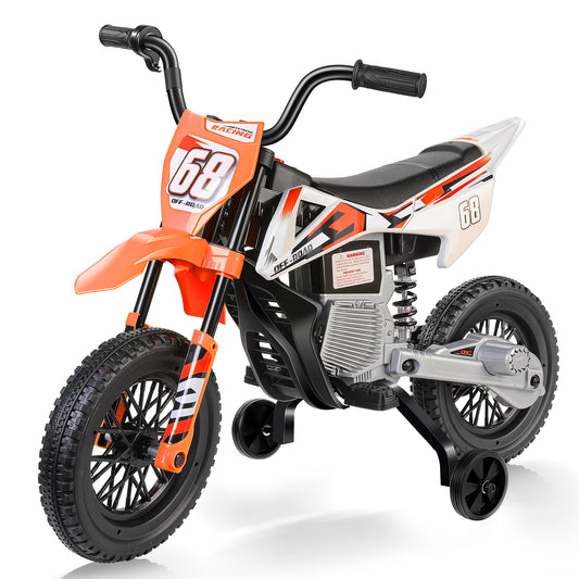 Farmdex 12V Ride on Dirt Bike for Kids, Ride on Motorcycle with 2 Training Wheels, Electric Motorcycle with Twist Grip Throttle, Built-in Music, 30W*2 Motors, Orange