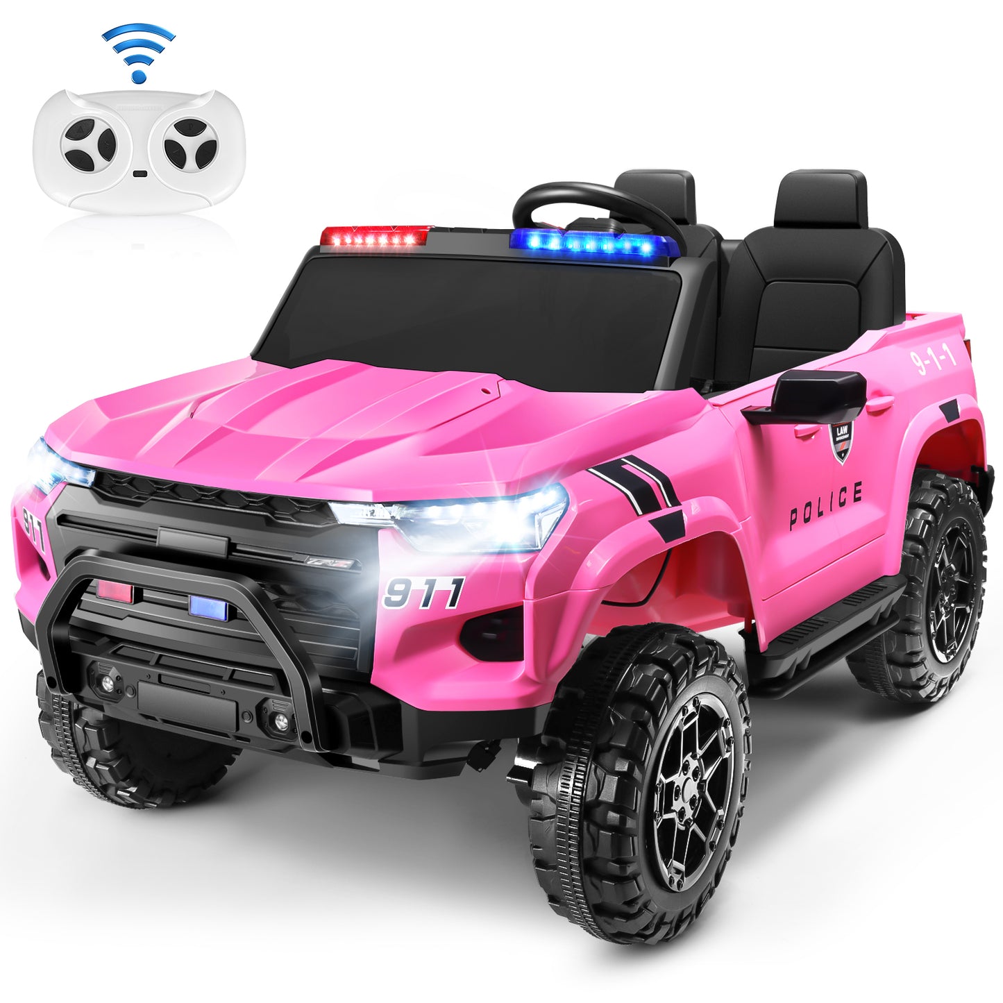 Farmdex 24V Kids Ride on Police Car with 4WD 800W Motors, 2-Seater Kids Ride on Toys w/ Remote Control, Bluetooth, LED Lights, Spring Suspension, 3 Speeds, for Kids Aged 3+, Black & Pink