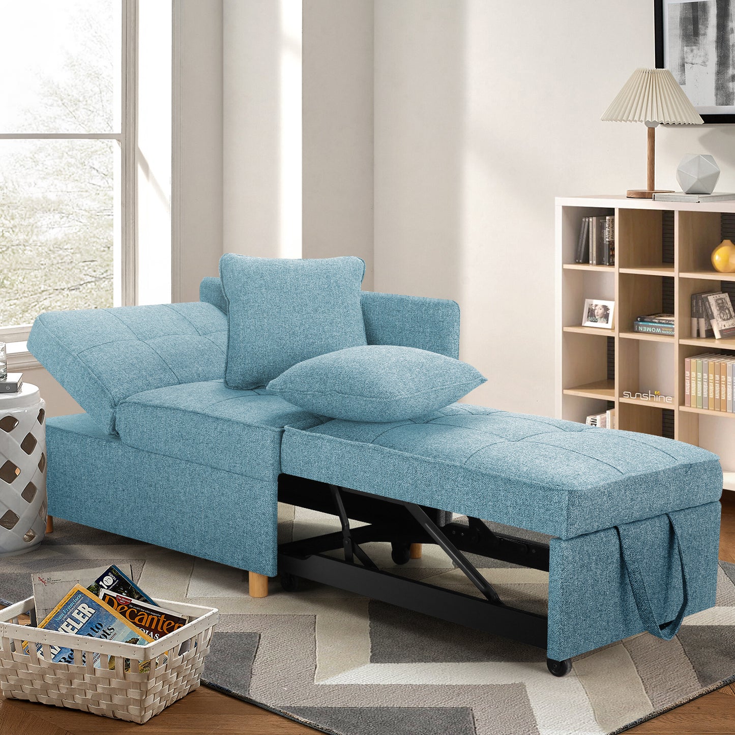 Farmdex Sofa Bed Chair, 4 in 1 Convertible Sleeper Sofa Chair with Pull Out Bed, Single Small Couch with 5 Adjustable Backrest for Home Living Room Guest Room Dorm - Linen Sky Blue/R